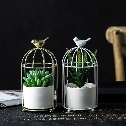 Maceta De Hierro Con Forma De Jaula De Pájaros Con Jarrón De Cerámica Decoración De Pájaro De Metal Dorado Soporte Para Suculentas Decoración De Mesa