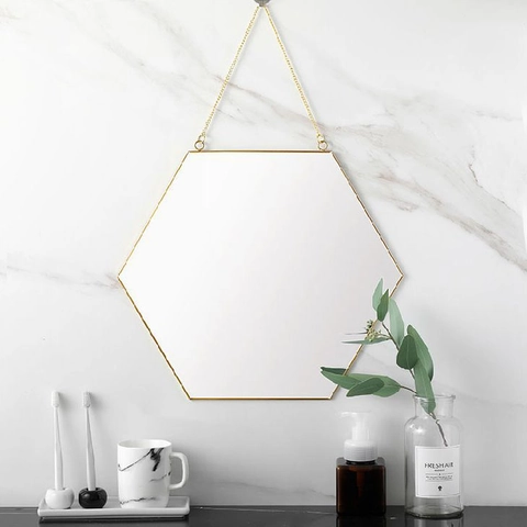 Wall Mirror Brass Metal Frame Geometric Hexagon Round Hanging Chain Nordic Minimalist Bathroom Vanity Entryway Home Decor