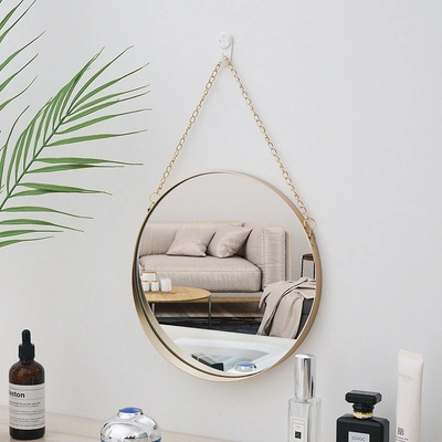 Espejo De Pared Redondo Marco Metal Dorado Cadena Colgante Estilo Nórdico Para Baño Dormitorio Entrada Decoración