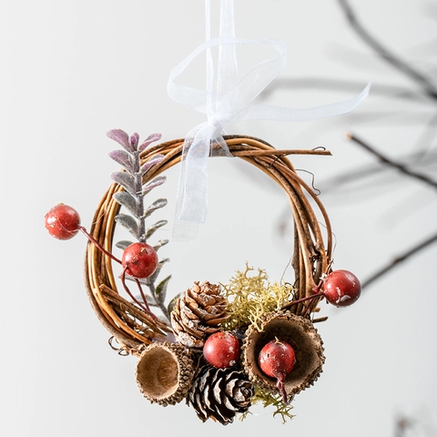 Mini Corona De Navidad Ratán Piñas Bayas Adorno Colgante Hecho A Mano Lazo Cinta Decoración Pared Árbol