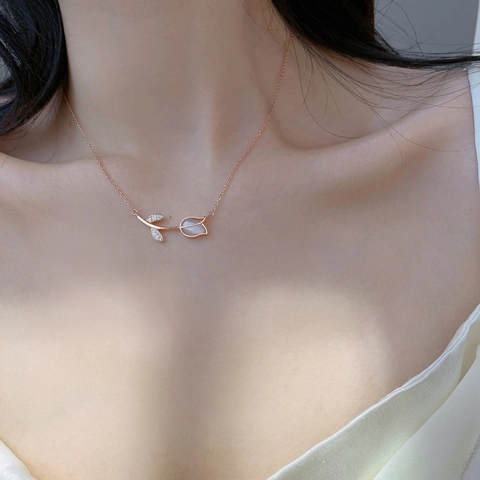 Tulpenblüte Anhänger Halskette Kupfer Mit Synthetischem Katzenaugenstein Und Zirkonia Schmuck Für Damen Eleganter Stil