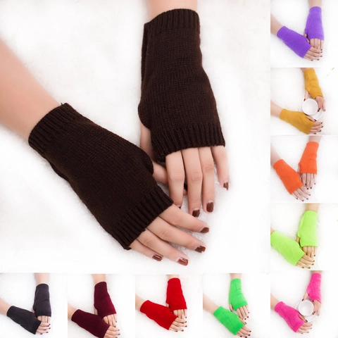 Fingerless Gloves Knitted Acrylic Half Finger Warm Winter Candy Color Solid Women Office Typing