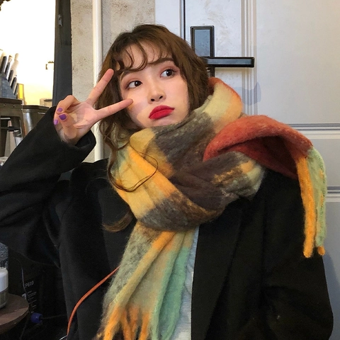 Damen Regenbogen Plaid Quasten Schal Dick Warm Winter Kariert Übergroß Strick Schultertuch Weich Gebürstet Mode Halswärmer