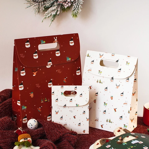 Christmas Gift Bags Paper Cardboard Festive Handle Velcro Closure Cartoon Santa Reindeer Pattern Holiday Party Candy Bag