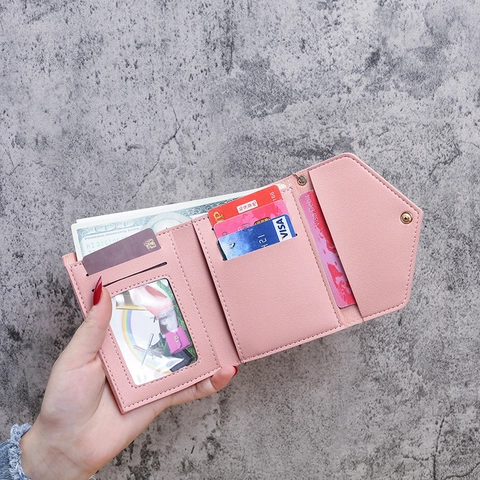Women Small Wallet PU Leather Tri-fold Envelope Purse With Tassel Heart Charm Card Holder Lychee Pattern