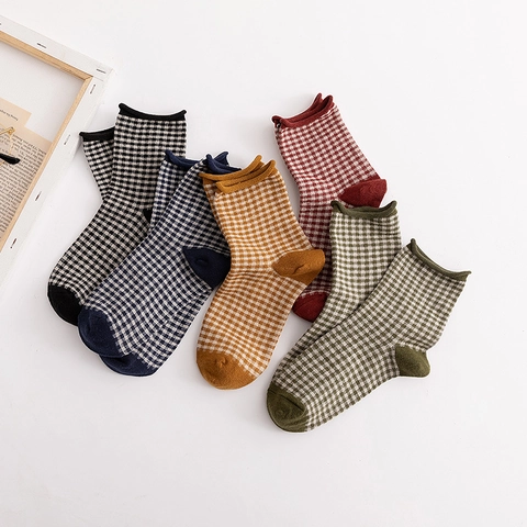 Women Mid Tube Socks Cotton Blend Plaid Gingham Pattern Rolled Edge Loose Cuff Japanese Retro Style Breathable