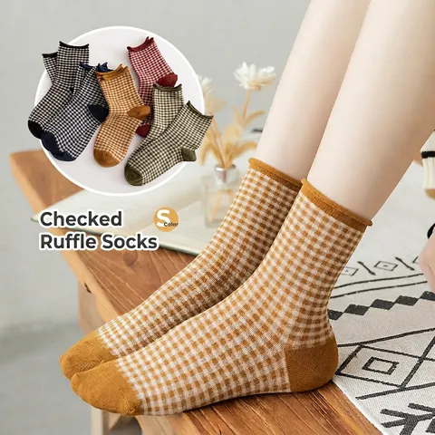 Women Mid Tube Socks Cotton Blend Plaid Gingham Pattern Rolled Edge Loose Cuff Japanese Retro Style Breathable