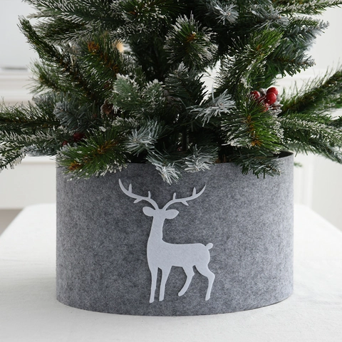 Cache Pied Sapin Noël Feutre Motif Renne Décoration Base Gris