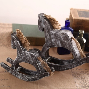 Vintage Rocking Horse Ornaments Handcrafted Solid Wood Distressed Shabby Chic Desktop Decor With Hemp Rope Mane Tail