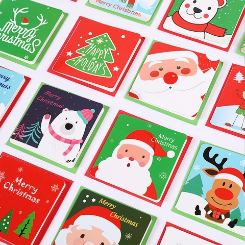 Christmas Greeting Cards Mini Holiday Blessing Note Paper With Envelopes Cartoon Santa Reindeer Pattern For Gift Decor
