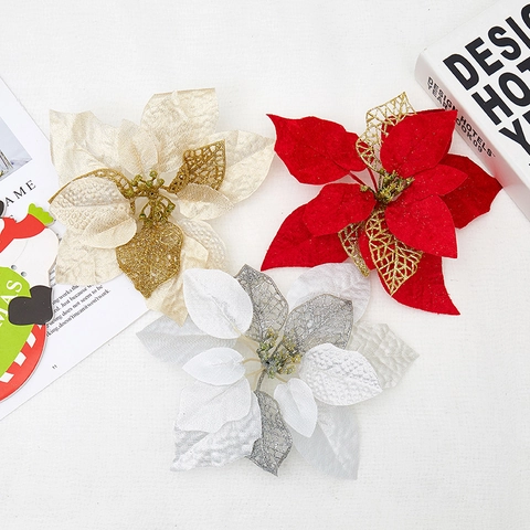 Artificial Christmas Poinsettia Flowers Glitter Hollow Design For Xmas Tree Wreath Garland Party Decoration Ornament