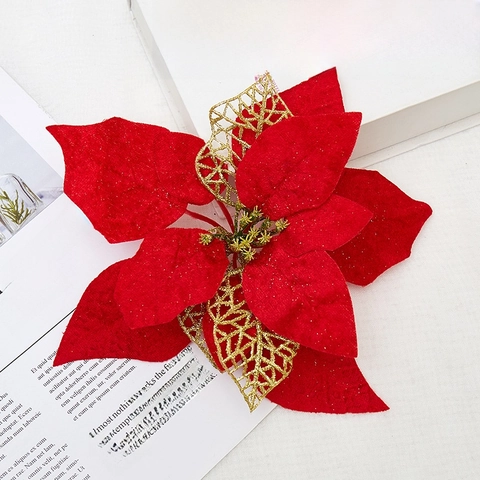 Artificial Christmas Poinsettia Flowers Glitter Hollow Design For Xmas Tree Wreath Garland Party Decoration Ornament