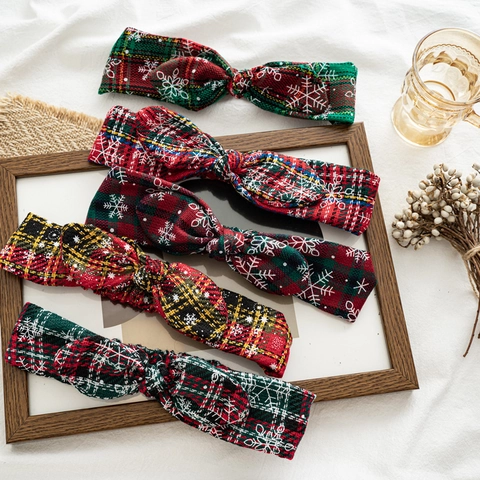 Diadema De Navidad Con Lazo De Cuadros Y Patrón De Copos De Nieve Cinta Elástica De Tela Para Pelo Mujeres Niñas Fiesta