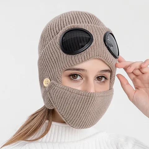 Berretto In Maglia Con Occhiali E Maschera Rimovibile Inverno Caldo Spesso Stile Pilota Aviatore Antivento All Aperto