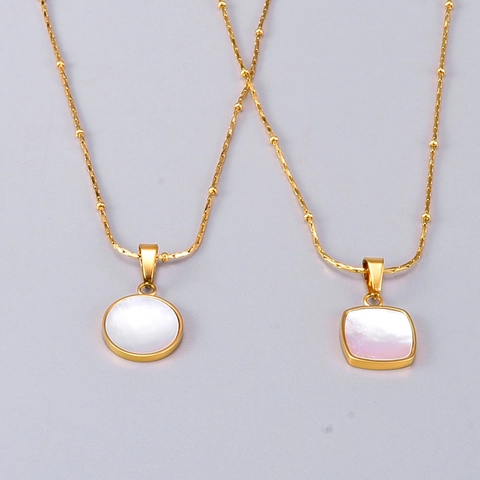 White Mother Of Artificial Pearl Pendant Necklace Stainless Steel 18K Gold Plated Geometric Round Square Minimalist Clavicle Chain