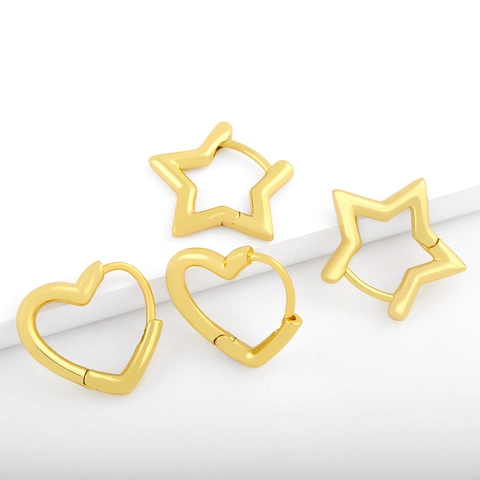 Heart Star Hoop Earrings Gold Plated Copper Cubic Zirconia Minimalist Hollow Hinged Ear Jewelry For Women Girls