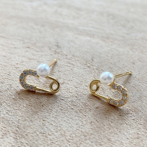 Sicherheitsnadel Stecker Ohrringe Mit Künstliche Perle Und Zirkon 925 Sterling Silber Ohrstift 18K Vergoldet Für Damen