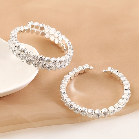 Bracciale Rigido Elastico Con Strass Lega Completamente Decorato Gioielli Da Sposa Moda Per Donna Colore Argento Regolabile
