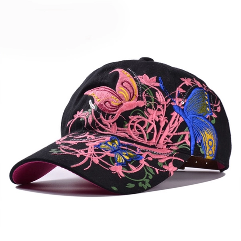 Casquette De Baseball En Coton Pour Femmes Broderie Papillon Florale Paillettes Réglable Tendance Été Chapeau De Soleil