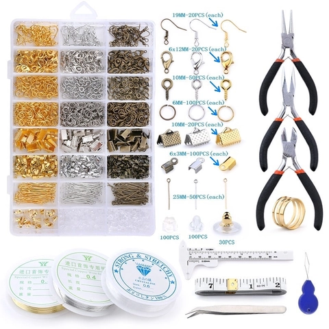 Jewelry Making Kit DIY Findings Tools With Pliers Tweezers Lobster Clasps Earring Hooks Copper Wire Box For Beading Crafting