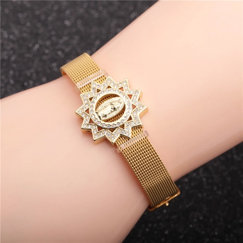 Verstellbares Edelstahl Armband Mailänder Netz Herren Damen Gürtelschnalle Religiöse Jungfrau Maria Modeschmuck