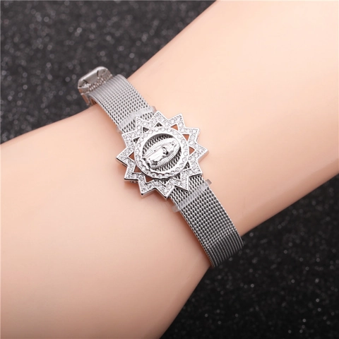 Verstellbares Edelstahl Armband Mailänder Netz Herren Damen Gürtelschnalle Religiöse Jungfrau Maria Modeschmuck