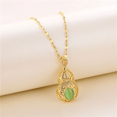Collana Con Ciondolo A Zucca Acciaio Al Titanio Ottone Placcato Oro 18K Cavo Diaspro Verde Zircone Gioielli Regalo Di Compleanno Per Donne