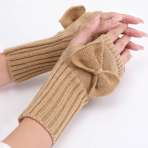 Knitted Fingerless Gloves Acrylic Warm Winter Bowknot Decoration Solid Color Wrist Sleeves For Women