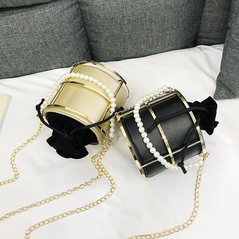 Vintage Women Bucket Bag PU Leather Metal Cage With Faux Artificial Pearl Handle And Gold Chain Shoulder Strap Retro Evening Purse