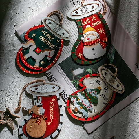 Ornamenti Appesi Di Natale In Legno Dipinti Retro Calza Guanto Pupazzo Di Neve Renna Albero Per Decorazione Di Festa