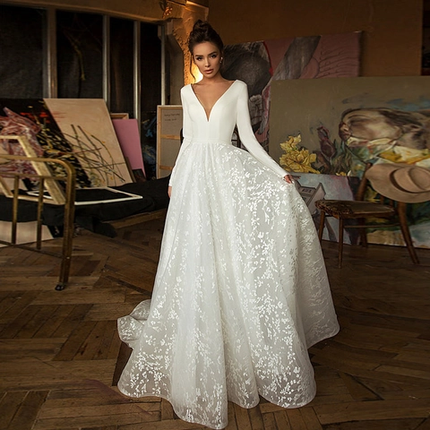 Elegante Witte Kant Trouwjurk Lange Mouwen Diepe V-Hals Rugloos Sleep Baljurk Bruidsjurk Voor Dames