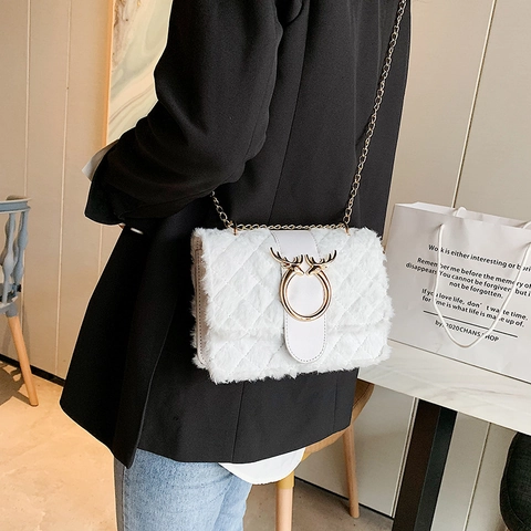 Plush Faux Fur Crossbody Bag For Women Quilted Diamond Pattern Shoulder Bag Gold Chain Antler Buckle Small Square Purse