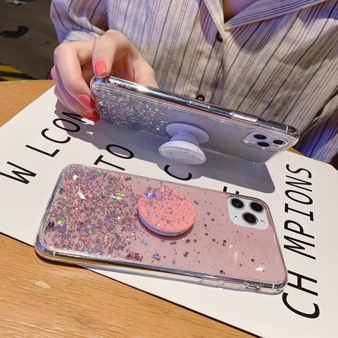 Sternenhimmel Glitzer Treibsand Handyhülle Mit Rundem Airbag-Ständer Für iPhone 14 13 12 Pro Max Mode Funkelnde Sternenpailletten Schutzhülle