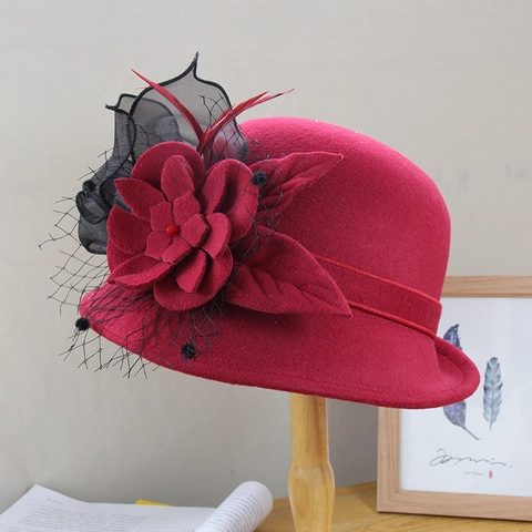 Elegant Women Wool Felt Fedora Hat Mesh Veil Flower Feather Winter Warm Cloche Hat Rolled Edge Banquet Party Basin Hat