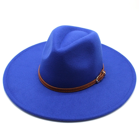 Retro Wide Brim Fedora Hat Wool Felt Jazz Cap With Decorative Belt Buckle Unisex Fashion