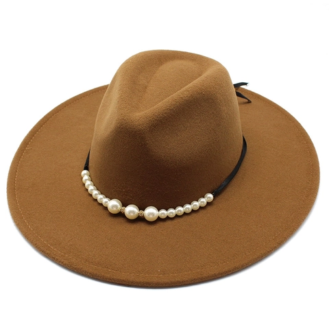 Elegant Fedora Hat Wool Felt Wide Brim Artificial Pearl Band Autumn Winter Warm British Style Retro Jazz Cap Women