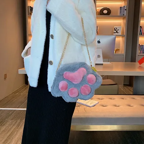 Cat Paw Plush Crossbody Bag 3D Animal Shape Shoulder Handbag With Gold Metal Chain Cute Kawaii Style For Women Girls