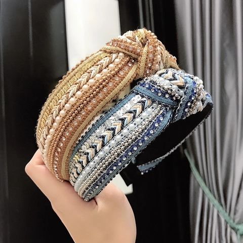 Cerchietto Largo Con Nodo Intrecciato Tessuto Con Künstliche Perle Sintetiche Paillettes Strass Etnico Vintage Natale Donna