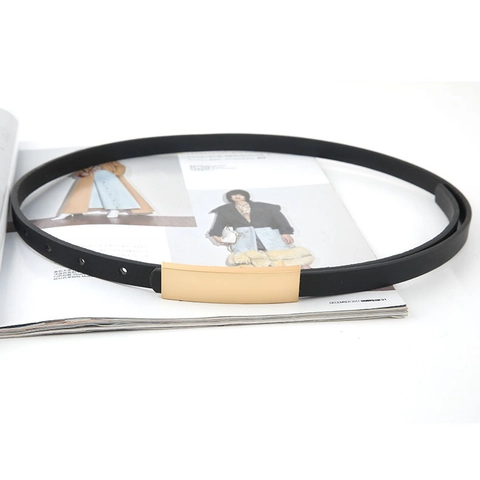 Women Thin Belt Retro Alloy Gold Rectangle Buckle Minimalist Faux Leather Waistband For Jeans Dresses