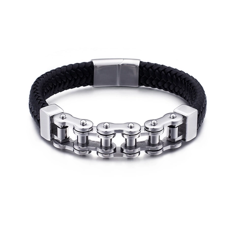 Bracelet Homme En Cuir Tressé Acier Inoxydable Chaîne De Vélo Bijoux Punk Biker Avec Fermoir Magnétique