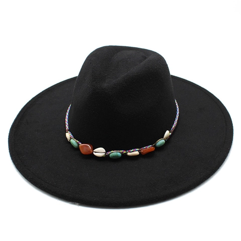 Wide Brim Fedora Hat Wool Felt Jazz Cap With Bohemian Shell Turquoise Band Ethnic Retro Outdoor Travel For Women Men