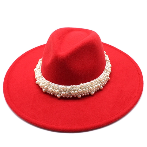 Elegant Wide Brim Fedora Hat Wool Felt With White Artificial Pearl Band British Retro Jazz Style For Women Men