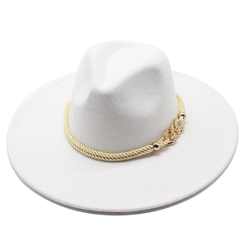 Wide Brim Fedora Hat Woolen Felt Vintage British Style Jazz Cap With Gold Braided Chain Decor For Men Women