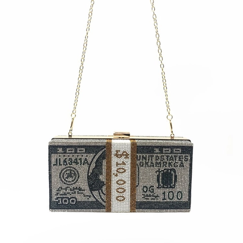 Rhinestone Dollar Bill Money Clutch Evening Bag Stacked Cash Design Crystal Party Purse Metal Frame Novelty Fashion Handbag