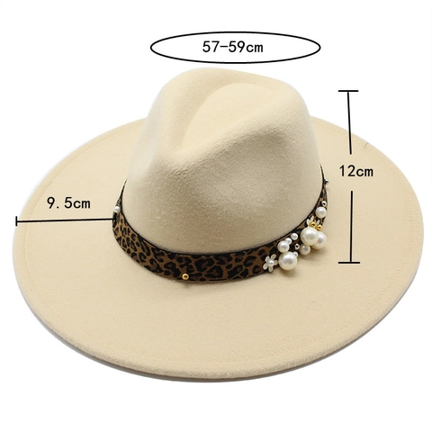 Wide Brim Fedora Hat Woolen Felt Leopard Band Artificial Pearl Flower Decor Elegant Retro Jazz Cap
