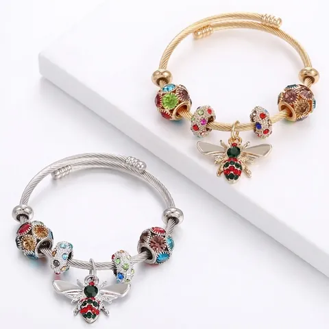 Stainless Steel Bee Pendant Bangle Bracelet With Colorful Rhinestone Beads Adjustable Cable Wire Jewelry For Women