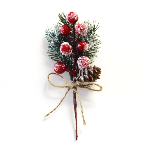 Artificial Christmas Pine Sprig With Berry Natural Pine Cone Twine Bow Snow Frosted Holiday Festive Ornament Decor