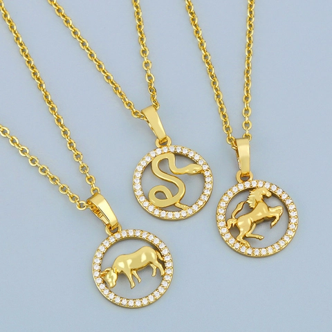 Chinese Zodiac Animal Pendant Necklace Copper 18K Gold Plated Cubic Zirconia Circular Hollow Rhinestone Inlaid For Women