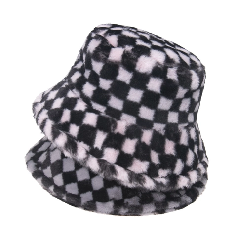 Chapeau Bob En Peluche À Damiers Fausse Fourrure Hiver Chaud Extérieur Mode Vintage Pour Femmes