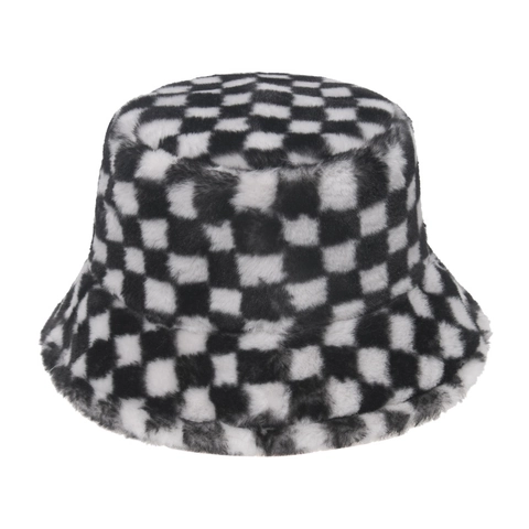 Chapeau Bob En Peluche À Damiers Fausse Fourrure Hiver Chaud Extérieur Mode Vintage Pour Femmes